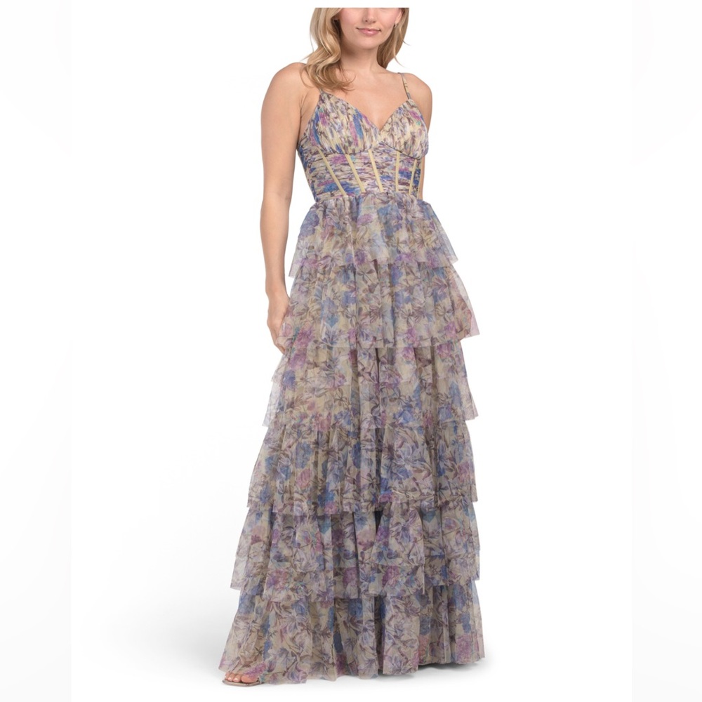 NWT Blondie Nites Purple Blue Yellow Corset waist Tiered Ruffled Gown